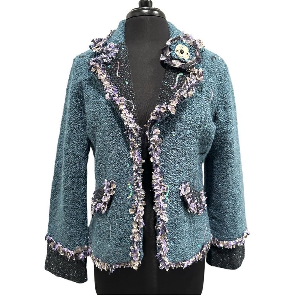YAK Magik Blue Embellished Artisan Boho Open Blazer Sz S
